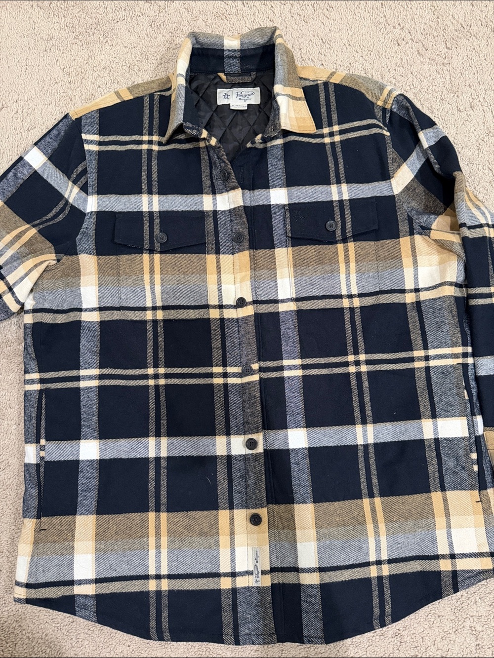 Original Penguin Navy, Tan & Gray Plaid Quilted Shirt Jacket
